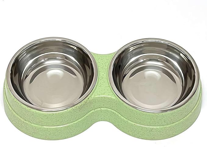 Dog Bowls Double Dog Water and Food Bowl Stainless Steel with Anti-Tip Base, Food and Water Set for Small Medium Pets (Green)