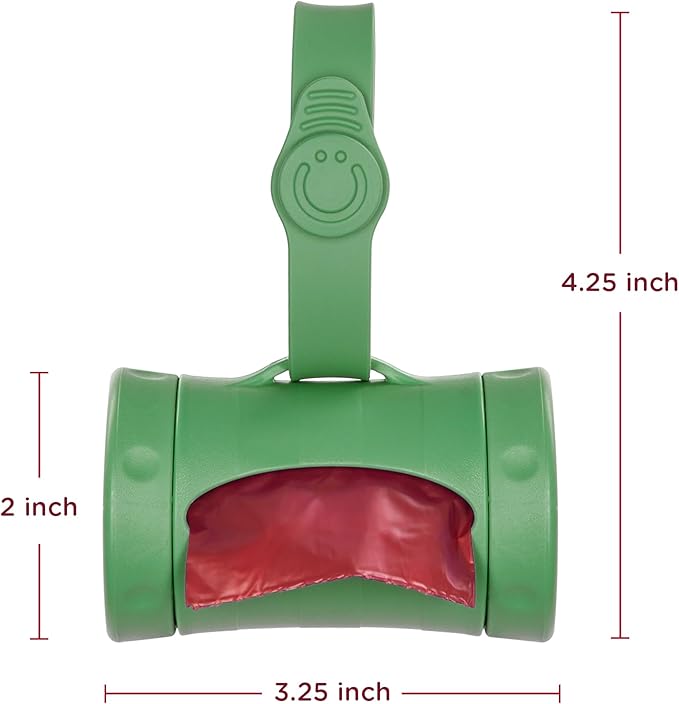 Ubbi Retractable Dog Poop Bag Holder and Dispenser with Silicone Strap Leash Attachment, Includes 2 Rolls of Lavender Scented Leakproof Waste Bags, Green
