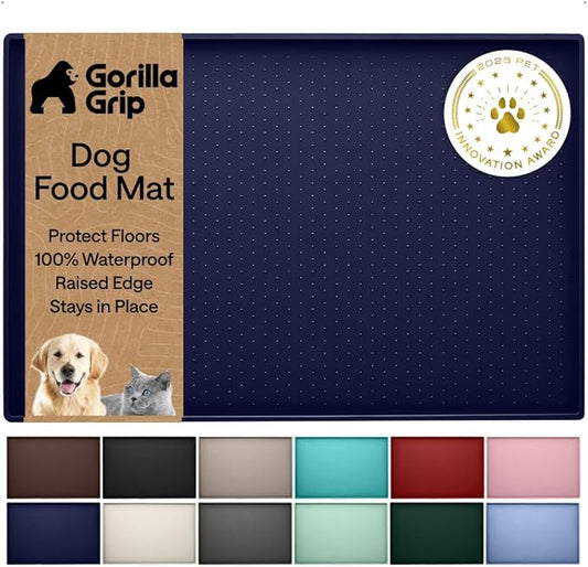 GORILLA GRIP 100% Waterproof Raised Edge BPA Free Silicone Pet Feeding Mat, Dog Cat Food Mats Contain Spills Protects Floors, Placemats for Cats and Dogs Water Bowl, Pets Accessories 23x15 Navy
