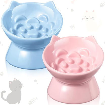 2 Pcs Ceramic Raised Slow Feeder Cat Bowl, 5.91inch Elevated Cat Slow Feeder Bowl Tilted Anti Vomiting for Dry Wet Food and Water Easy to Clean High Edge(Pink, Blue)