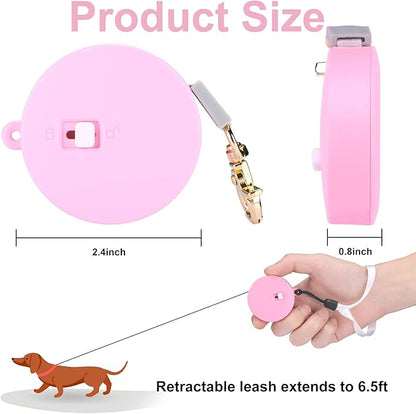 Retractable Dog Leash for Small Dogs Cats up to 11lbs with 6.5ft Anti-Pull Strong Nylon Tape, Hands Free, Mini and Portable Walking Leash with Wrist Strap, One-Hand Brake, Pink Round