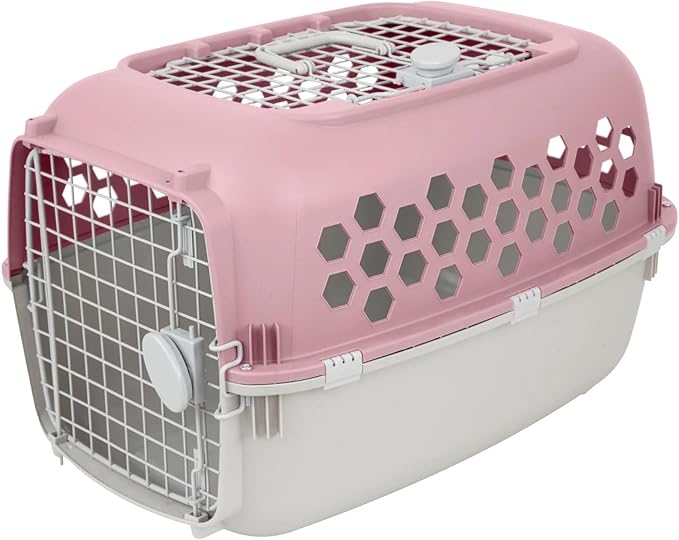 Pink Durable Plastic Dog & Cat Kennel with Two Door Openings, Indoor & Travel Pet Cage for Small Dogs & Cats, Maximum Pet Weight 30 lbs, 24" L x 16.5" W x 14.5" H