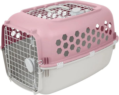 Pink Durable Plastic Dog & Cat Kennel with Two Door Openings, Indoor & Travel Pet Cage for Small Dogs & Cats, Maximum Pet Weight 30 lbs, 24" L x 16.5" W x 14.5" H