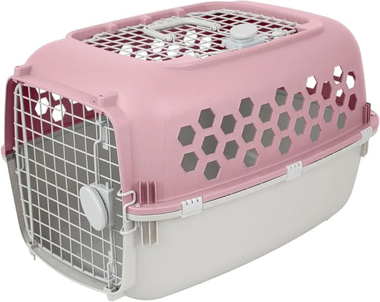 2-Door Plastic Portable Pet Kennel for Dogs, Pink, 24 x 16.7 x 15 Inches, 35 lb Capacity, Top and Front Access
