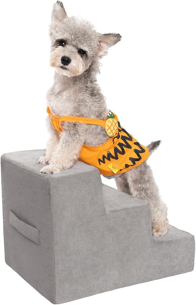 MEWANG Dog Stairs for Small & Medium Dogs and Old Cats –3/4/ 5 Steps High-Density Foam Pet Ramp for Bed & Couch, Non-Slip, Washable Cover, Grey (Square Corner, 3 Steps: 17.95''×14.96''×13.70'')