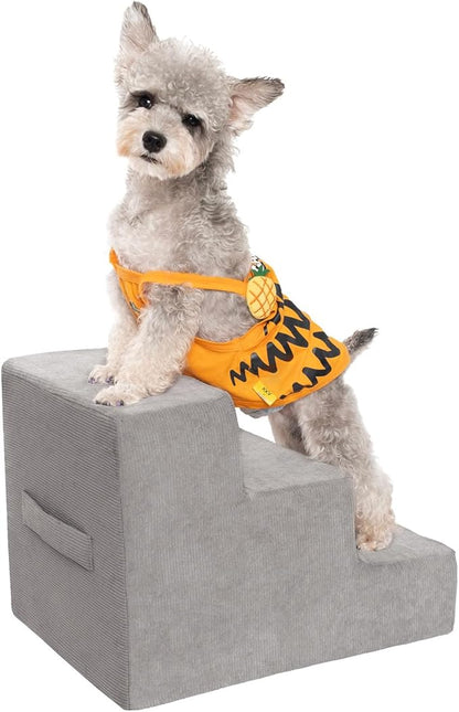 MEWANG Dog Stairs for Small & Medium Dogs and Old Cats –3/4/ 5 Steps High-Density Foam Pet Ramp for Bed & Couch, Non-Slip, Washable Cover, Grey (Square Corner, 3 Steps: 17.95''×14.96''×13.70'')