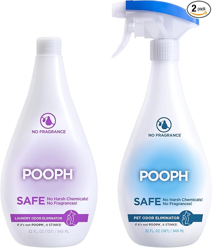 Pooph Pet Odor Eliminator & Pooph Laundry Additive - 2-32oz Bottles - Eliminates Odors at the Molecular Level, Dogs, Cats, Freshener, Eliminator, Urine, Poop, Pee, Deodorizer, Puppy, Fresh, Clean