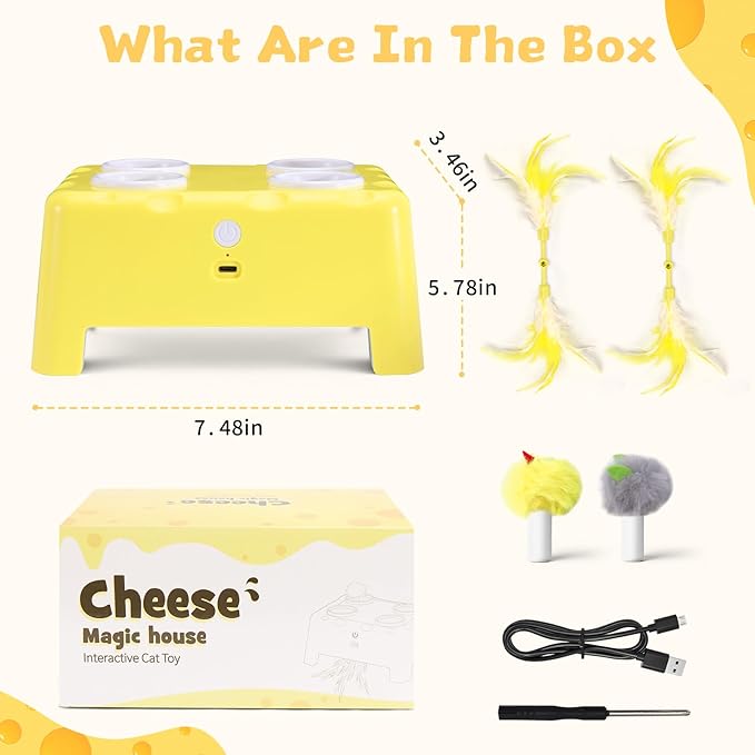 Cheese Box Interactive Cat Toy for Indoor Cats, 3-in-1 Whack a Mole Feather Toy, 3 Modes Rechargeable Auto Cat Toys for Bored Cats, 4 Holes Kitten Toy, 4 Accessories (Yellow)