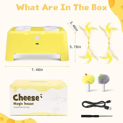 Cheese Box Interactive Cat Toy for Indoor Cats, 3-in-1 Whack a Mole Feather Toy, 3 Modes Rechargeable Auto Cat Toys for Bored Cats, 4 Holes Kitten Toy, 4 Accessories (Yellow)