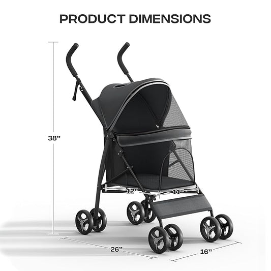 Pet Stroller for Small Dogs & Cats, 10-22lbs, Rear Storage, Black