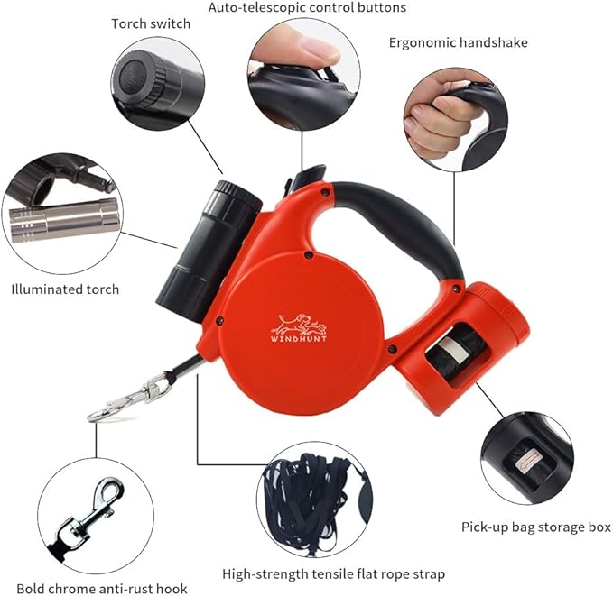 360° Tangle-Free Retractable Dog Leash with Flashlight, Dispenser and Poop Bag Heavy-Duty Nylon Tape for Small, Medium Dogs and Cats One-Handed Brake and Lock, Red