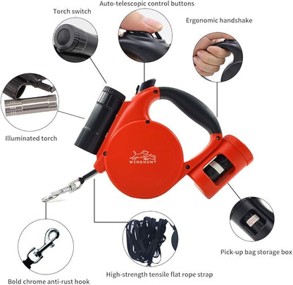 360° Tangle-Free Retractable Dog Leash with Flashlight, Dispenser and Poop Bag Heavy-Duty Nylon Tape for Small, Medium Dogs and Cats One-Handed Brake and Lock, Red