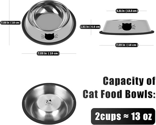 Serentive 2Pcs Cat Bowls Non-Slip Stainless Steel Small Cat Food Bowl Unbreakable Thick Rubber Base Easily Clean Lovely Color
