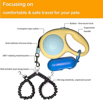 Double Dog Leash for Walking 2 Small Dogs (Up to 33 Lbs Each), Dual Retractable 9.8ft Extendable Strong Nylon Tape Pet Leash with Poop Bags, One-Handed Brake, Pause, Lock (Blue)