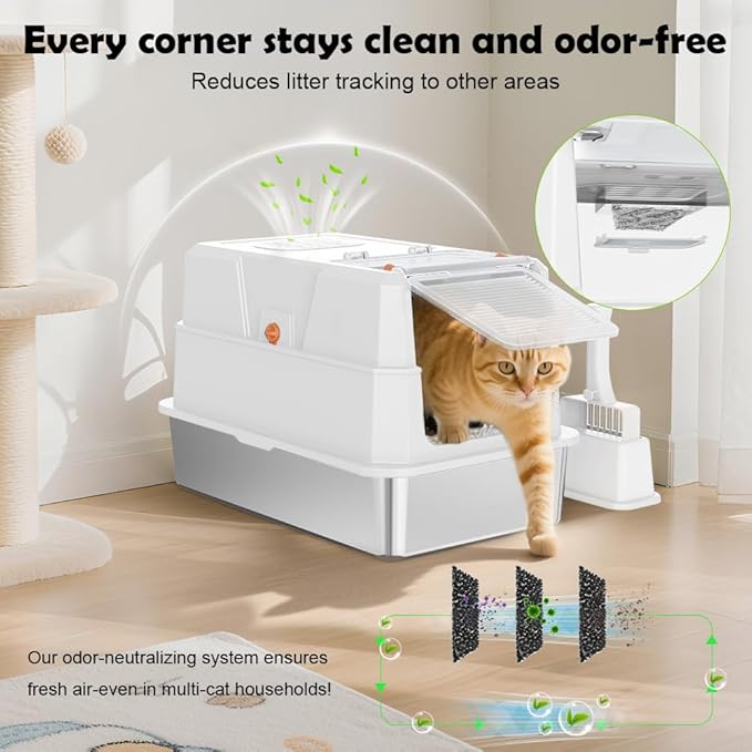 SZEE Stainless Steel Cat Litter Box with 180°Flip-Top Lid, Easy Clean XL Enclosed Litter Box, Large Covered Steel Cat Box with Scoop, Odor Control and Anti-Urine Leakage, 23.2 * 15 * 15 Inch, White