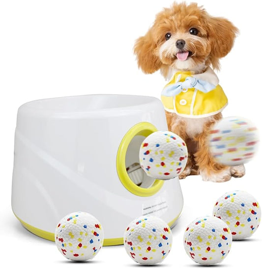 Automatic Dog Ball Launcher with 6 ETPU Balls, White, Adjustable Distance 20-45ft, USB Rechargeable, Interactive Pet Toys (Yellow)