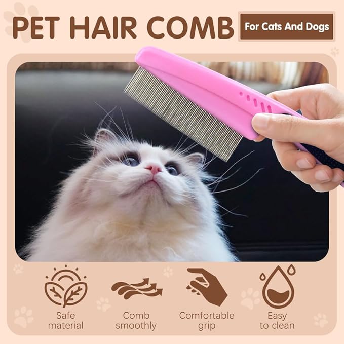 Flea Comb with Rubber Handle, 2025 Upgraded Fine Tooth Dandruff Comb for Dogs & Cats, Fine Tooth Dog Combs for Grooming (Pink)