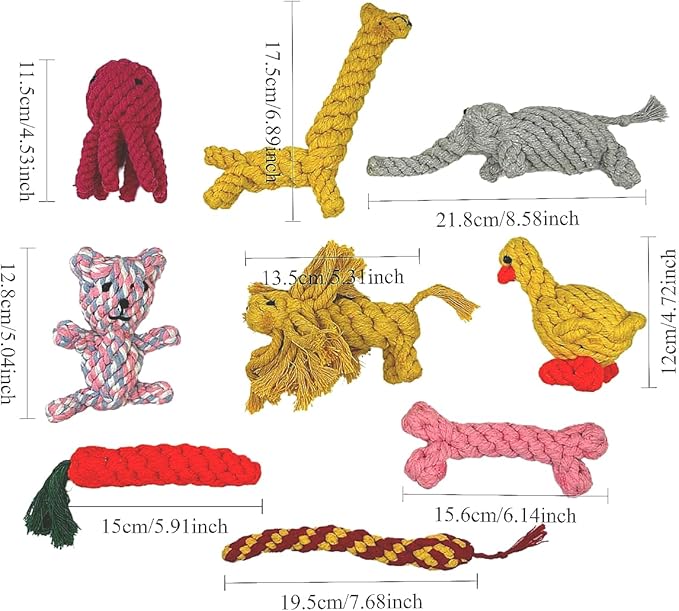 Dog Chew Toys for Small and Medium dogs, Animals and Fruits Shapes Cotton Rope Toys for Aggressive Chewers, Handwoven Interactive Dog Toys for Tug of War, Dental Health, Cleaning (9Pcs, Animals)