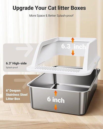 XL Stainless Steel Litter Box, Extra Large Metal Cat Litter Box with High Sided for Big Cats, Enclosed Litter Boxed with Lid, Easy-Clean Cat Litter Mat & Scoop Kit, Anti-Urine Leakage (White)