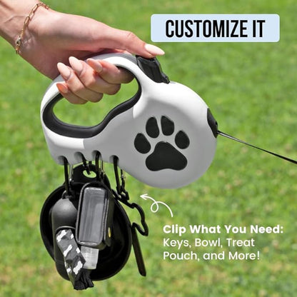 Award-Winning Retractable Dog Leash for Large and Extra Large Dogs (Max 110 lbs) Clip & Go System, Reflective Tape and Ergonomic Handle Includes Clips Poop Bag Holder and Dispenser, White
