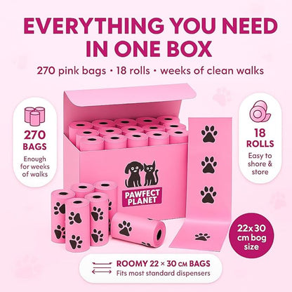 Dog Poop Bags 270 Count Pink, Poop Bags for Dogs, Extra Strong Leak Proof Scented Odor Control Dog Waste Bags, 18 Rolls with Paw Print, Fits Most Dispensers