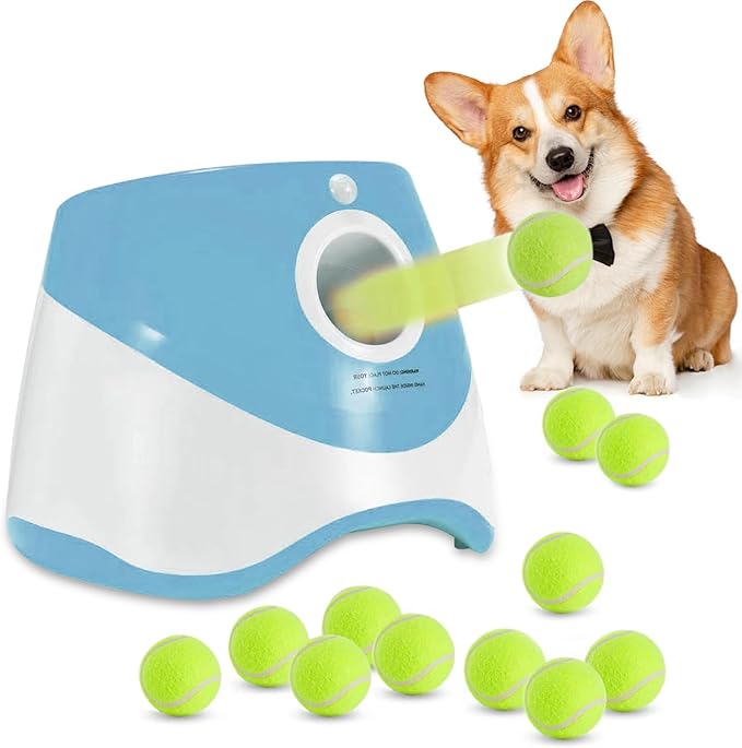 Automatic Ball Launcher for Dogs with 6pcs 2.3 Inch Etpu Tennis Balls,Thrower Distance 20-45ft,interacive Dog Toys for Indoor/Outdoor for Small Or Medium Dogs (White) (Green)
