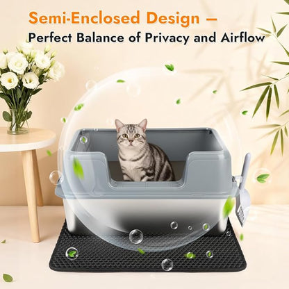Vivifying XL Stainless Steel Cat Litter Box, High Side Metal Litter Pan with Scoop and Mat for Big Cats, Kittens, Rabbits and Hamsters, Easy Cleaning Design (Gray)
