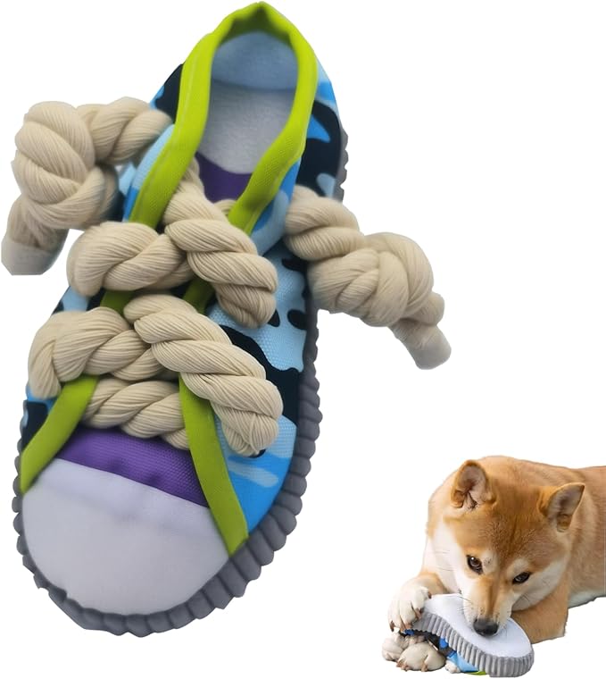 Interactive Squeaky Dog Toy with Jingle Bell - Shoe-Shaped Chew Toy for Puppy Teething, Thickened Laces for Small and Medium Breeds Tug-of-War, Not for Aggressive Chewers (Grey Edge)