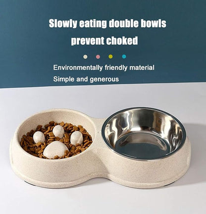 Tineer Double Pet Dog Slow Feeder Bowl,Stainless Steel Anti-Choke Puppy Food and Water Feeder for Dogs Cats (Blue)