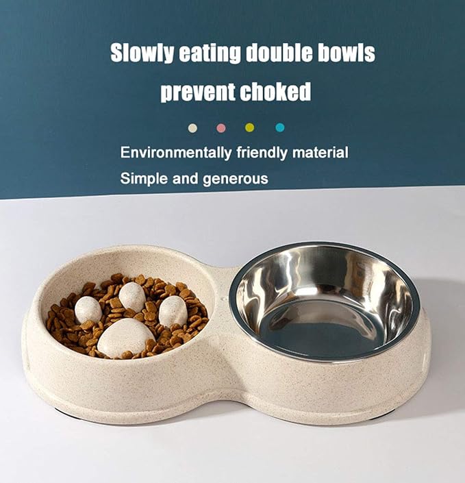 Tineer Double Pet Dog Slow Feeder Bowl,Stainless Steel Anti-Choke Puppy Food and Water Feeder for Dog Cats (White)