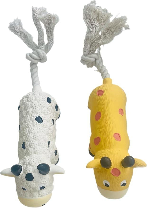 Squeaky Dog Chew Toys, Set of 2 Cow Shaped, with Rope