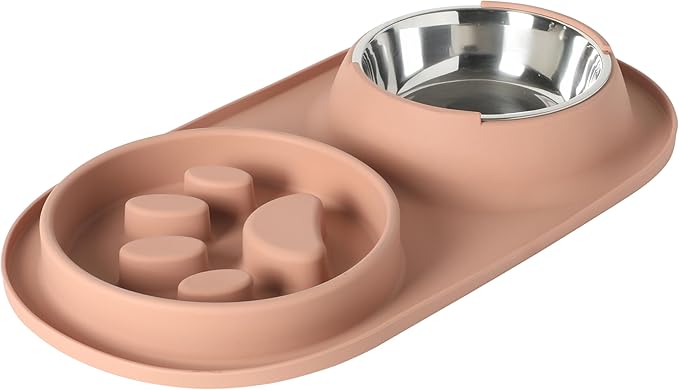 Gibson Home Curious Canines Slow Feeder Dog Bowl Set, 16” Bone Shaped Double Bowl, Silicone Base with Stainless Steel Insert, Anti-Gulp Feeding, Dishwasher Safe, Blush
