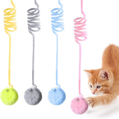 4PCS Cat Spring Toys, Hanging Fluffy Cat Ball Toys with Bell Stretchable Interactive Cats Teaser Soft Plush Interactive Cat Toy for Indoor Cats Kitten Play Chase Exercise