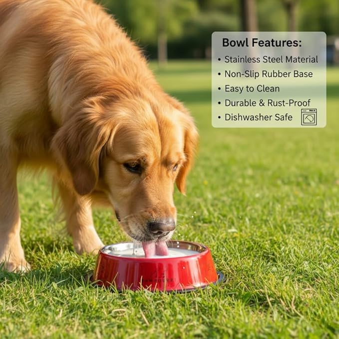 Printed Bowl 23.6 fl oz Anti-Skid Food and Water Dog Bowl | Stainless Steel Bowl for Dogs and Cats | Dog Water and Food Bowl | Dog Feeding Bowl (Red)