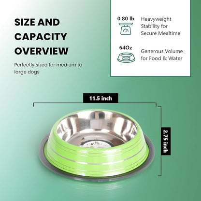 Iconic Pet 8 Cup/64 Oz Elegant Stainless Steel Color Splash Food/Water Bowl with Non Skid, Noise Free, Removable Rubber Ring - Dog/ Cat Feeding Bowl In color shade, Dishwasher Safe - Green, 2 Bowls
