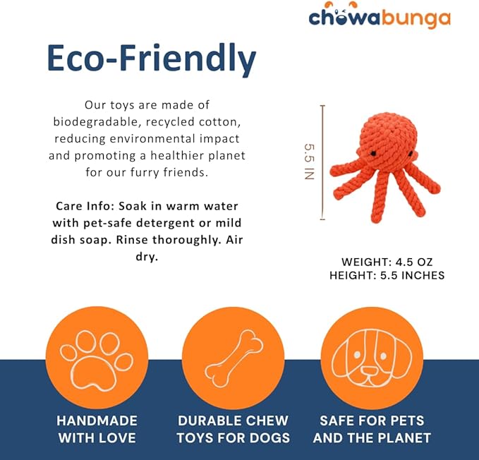 Ollie the Octopus Dog Toy Tough 5.5 Inch Handmade Eco Cotton Rope Dog Toy Octopus with Natural, Non-Toxic Dyes - Dog Octopus Toy for Small Dogs (Orange, Large)