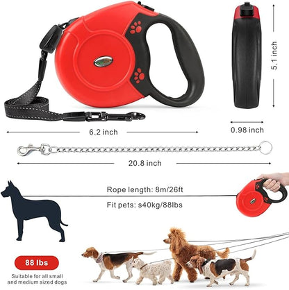 Idepet Heavy Duty Retractable Dog Leash for Small and Medium Dogs, Anti-Chewing Steel Chain Design,360 DegreeTangle-Free,Break and Lock System,26ft Leash Dog Walking (Red, Round Rope)