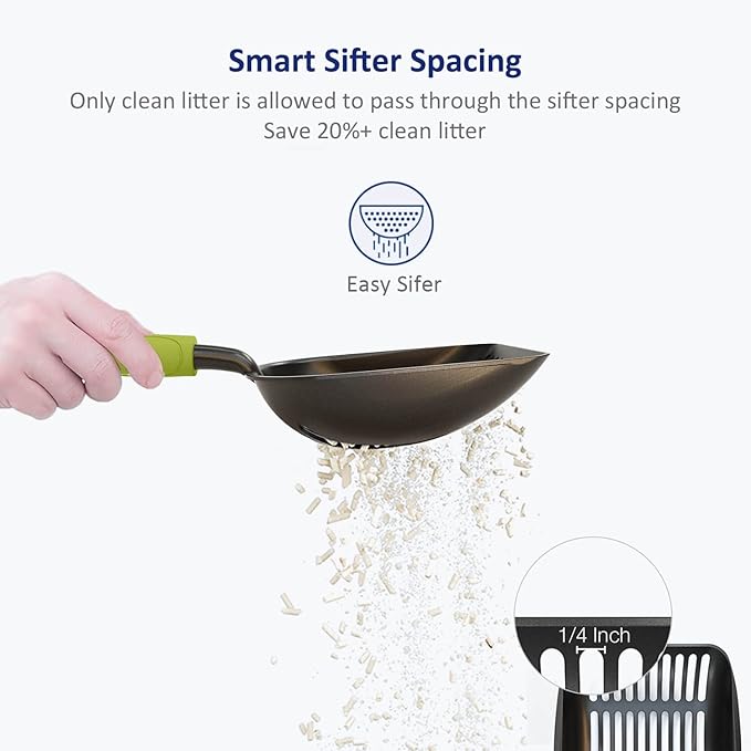 WePet Cat Litter Scoop, Non-Stick Plated Aluminum Alloy Sifter, Kitty Durable Metal Scooper, Deep Shovel, Long Handle, Kitten Pooper Lifter, Size Large, Coated Black Body with Green Handle