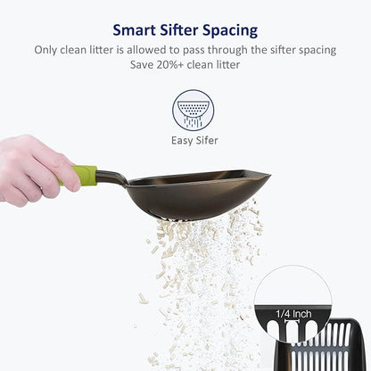 WePet Cat Litter Scoop, Non-Stick Plated Aluminum Alloy Sifter, Kitty Durable Metal Scooper, Deep Shovel, Long Handle, Kitten Pooper Lifter, Size Large, Coated Black Body with Green Handle