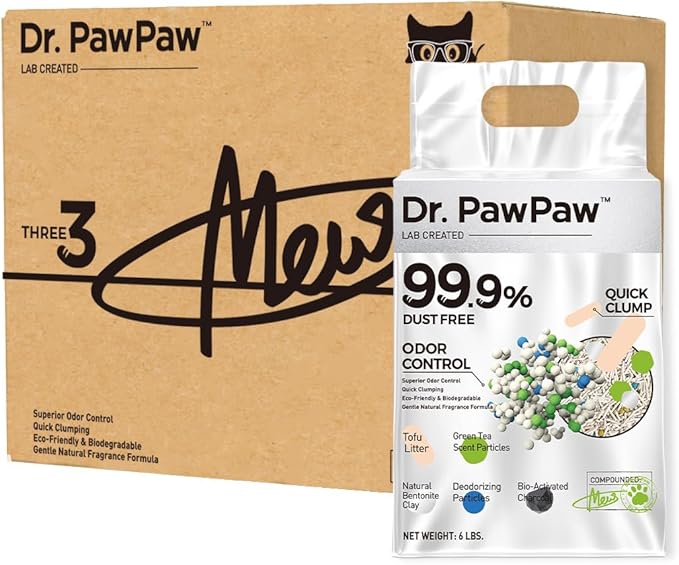 Tofu Cat Litter, Dr. PawPaw Clumping Cat Litter, Green Tea Scent 18 lb (3 x 6 lb Bags), Dust-Free Keep Kitty Tidy, Superior Odor Control Keep Step Fresh