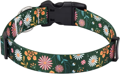 Dog Collar with Bohemia Floral Tribal Geometric Patterns - Soft Ethnic Style Collar Adjustable for Small Medium Large Dogs(Dark Green Flower,M)