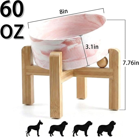 hjn Elevated Ceramic Dog Bowl 15°Slanted Raised Dog Bowl with Bamboo Stand for Small Medium Dogs and Cats, Pet Feeder -7.6-Cup (1800ml)-Marble Pink