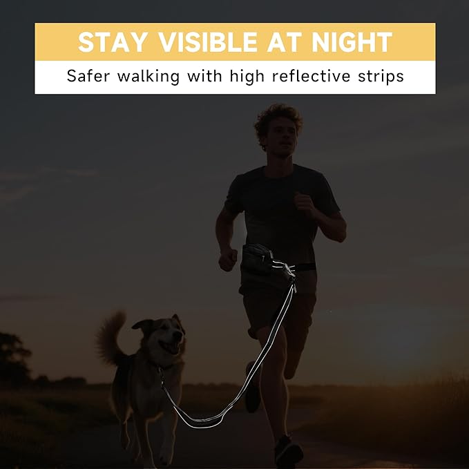 Hands Free Dog Leash with Zipper Pouch, Double Handle Running Reflective Bungee Waist Leash for Dog Walking, Training and Hiking for Small Medium Large Dogs (Black)