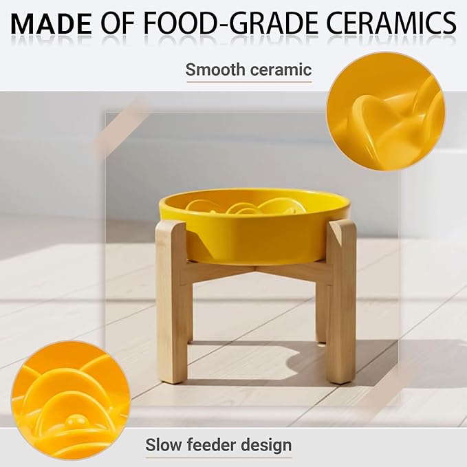 Petygooing 8.66 in Dog Bowl Ceramic Slow Feeder for Medium Large Dogs,Elevated/Raised Slow Feeding Dog Food Water Dish Heavy Weighted,Puzzle Eating Bowl Modern Maze (Yellow, 8.66in)