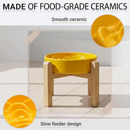 Petygooing 8.66 in Dog Bowl Ceramic Slow Feeder for Medium Large Dogs,Elevated/Raised Slow Feeding Dog Food Water Dish Heavy Weighted,Puzzle Eating Bowl Modern Maze (Yellow, 8.66in)