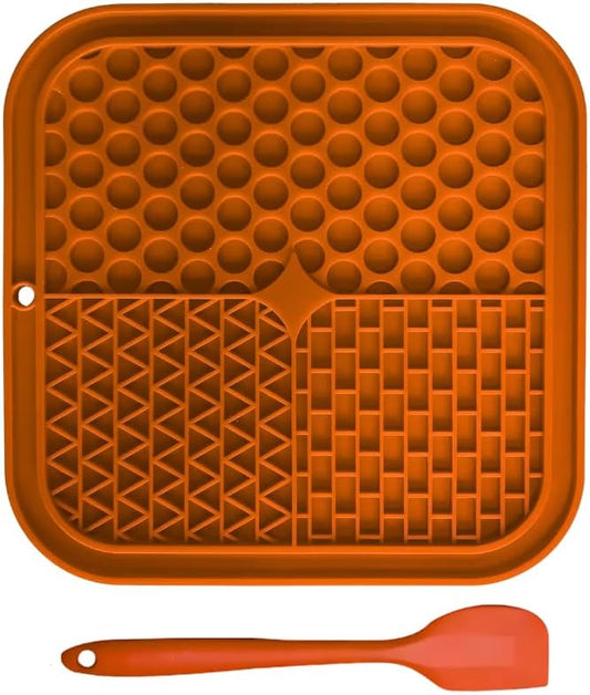 Dog Lick Mat 2-Pack (Orange & Green) with Spatulas – Silicone Licking Pads for Dogs & Cats, Peanut Butter Slow Feeder, Strong Suction, Anxiety Relief for Bath & Grooming, Dishwasher-Safe