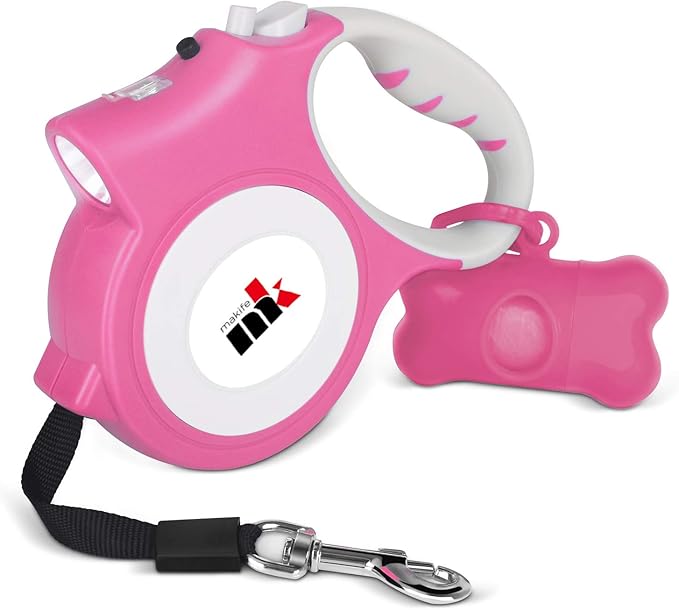 Retractable Dog Leash with LED Light Makife 5m Extendable Dog Lead for Small Medium Puppis up to 25kgs, One-Hand Brake & Lock System, Ergonomic Handle - Pink