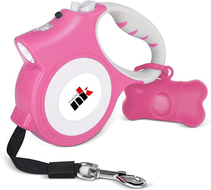 Retractable Dog Leash with LED Light Makife 5m Extendable Dog Lead for Small Medium Puppis up to 25kgs, One-Hand Brake & Lock System, Ergonomic Handle - Pink