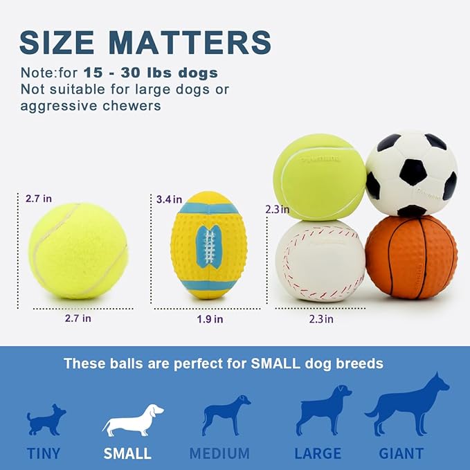 Squeaky Dog Ball, Soft Latex Rubber Squeaky Dog Toys for Small Dogs Puppies, Cute Squeak Toys Play Ball - Tennis, Soccer, Football, Basketball and Baseball