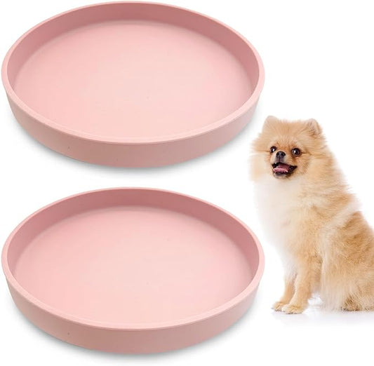 VCEPJH 2 Pack Silicone Dog Plates for Food Shallow Pet Bowl Flat Puppy Food Bowl Whisker Fatigue Cat Feeding Bowls Noiseless Dishes for Dry and Wet Food (Round Pink)